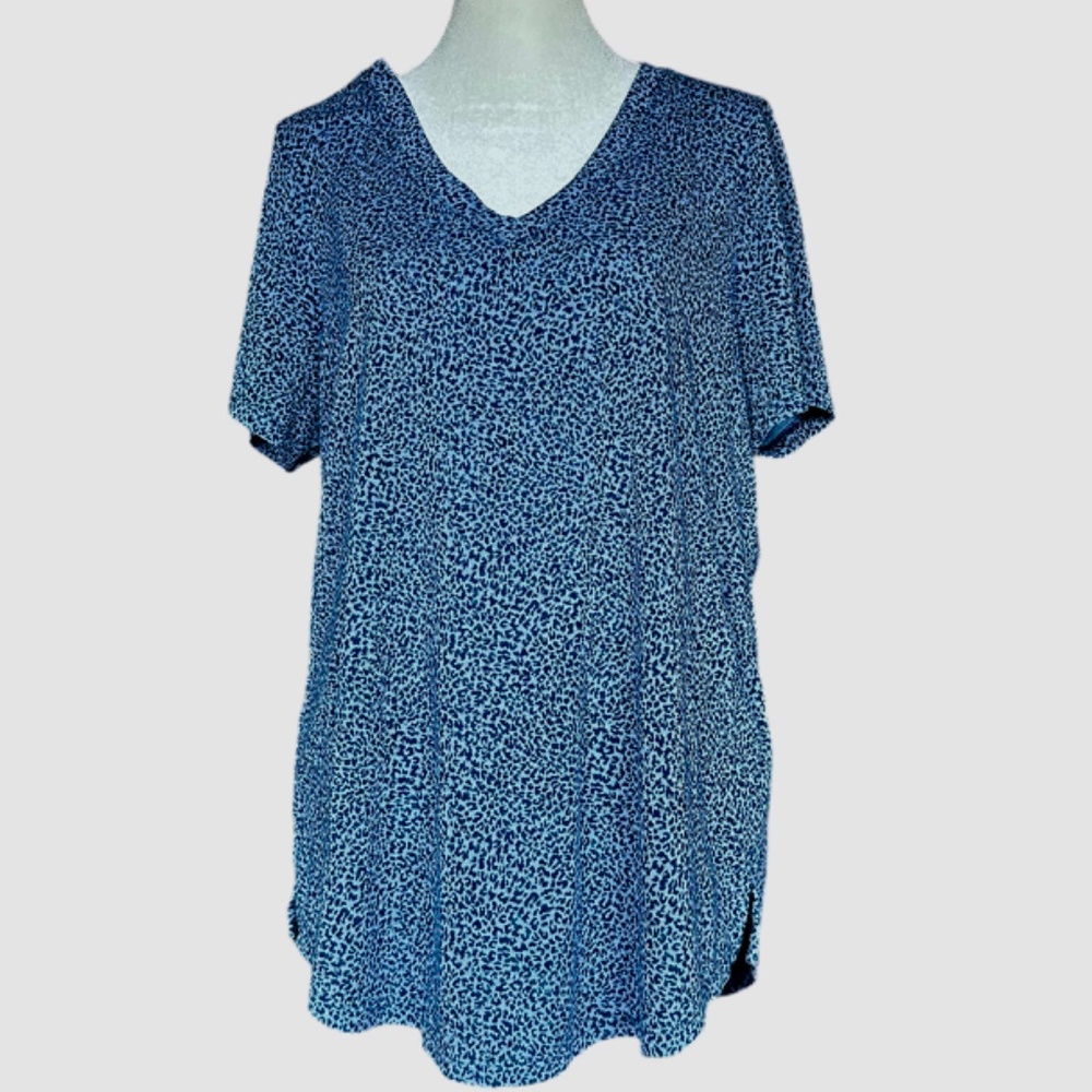 Athleta Blue Printed Breezy Scoop V Neck Short Sleeve Tee Sz‎ L